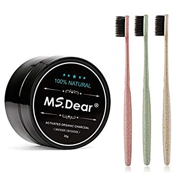 Ms.Dear Bamboo Activated Charcoal Powder Natural & Organic Teeth Whitening + 3 Pack Toothbrush...
